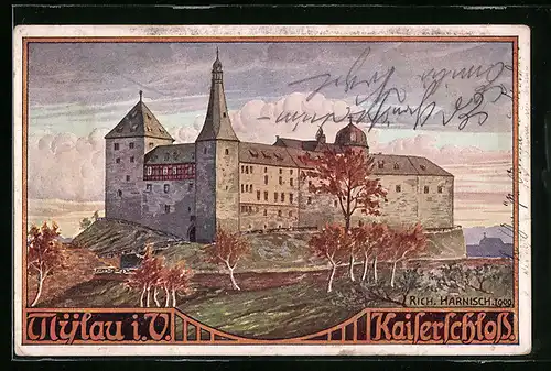 Künstler-AK Mylau /Vogtland, Blick auf das Kaiserschloss