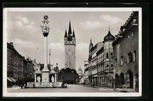 AK Straubing, Theresienplatz mit Kirche