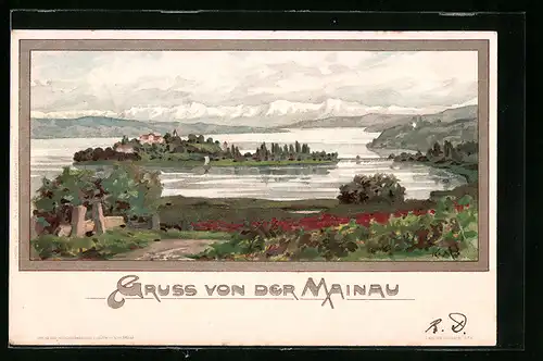 Lithographie Mainau /Bodensee, Blick auf die Insel im Bodensee