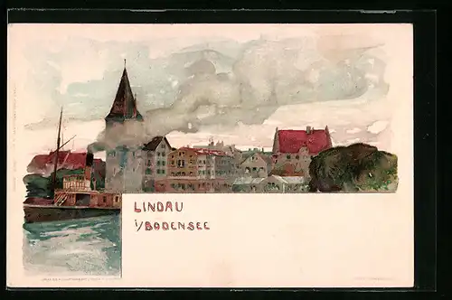 Lithographie Lindau /Bodensee, Inselansicht mit Dampfer