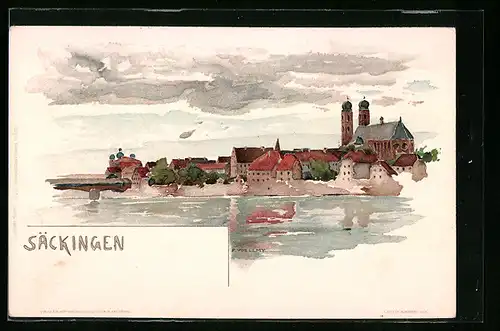 Lithographie Säckingen, Blick auf den Ort vom Wasser aus