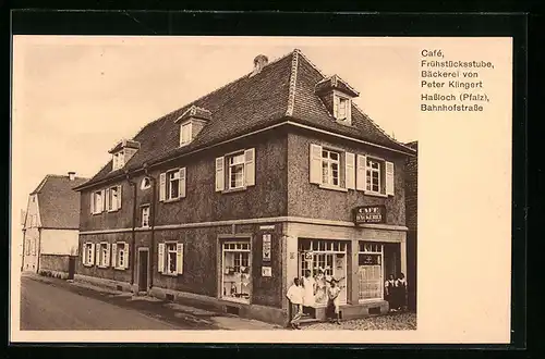 AK Hassloch /Pfalz, Cafe, Frühstücksstube und Bäckerei von Peter Klingert, Bahnhofstrasse