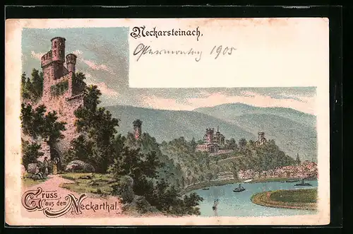 Lithographie Neckarsteinach i. Neckarthal, Blick zur Burg