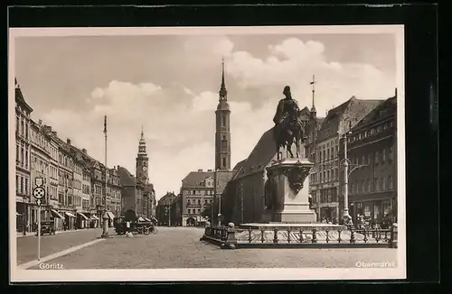 AK Görlitz, Obermarkt mit Reiterstandbild