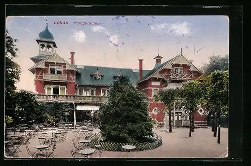 AK Löbau, Gasthaus Honigbrunnen mit Terrasse