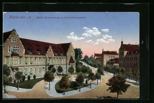 AK Karlsruhe i. B., Städt. Krankenhaus u. Grenadierkaserne