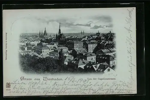 Mondschein-AK Wiesbaden, Ortsansicht von der Capellenstrasse