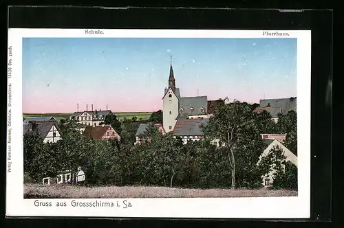 Goldfenster-AK Grossschirma i. Sa., Schule und Pfarrhaus