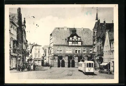 AK Minden i. Westf., Marktplatz mit Geschäften und Strassenbahn