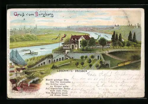 Lithographie Dresden.-Loschwitz, Gasthaus auf dem Burgberg und Umgebung