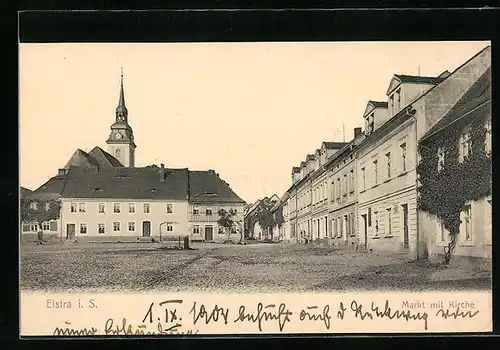 AK Elstra /Sa., Marktplatz mit Kirche