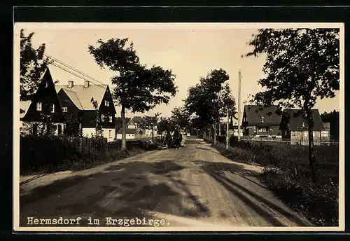 AK Hermsdorf /Erzgeb., Strassenpartie mit Pferdefuhrwerk