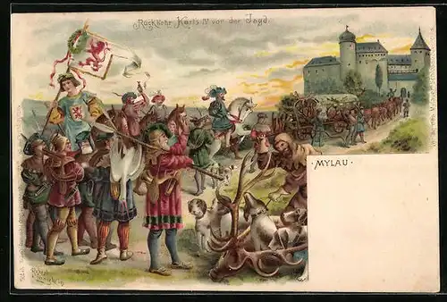 Lithographie Mylau, Rückkehr Karls IV. von der Jagd