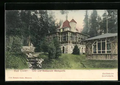 AK Bad Elster, Cafe und Restaurant Waldquelle mit Nebengebäude und Brücke