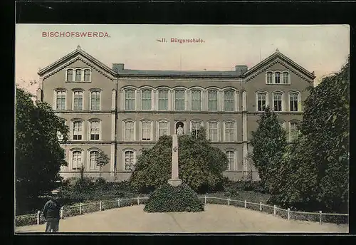 AK Bischofswerda /Sa., Bürgerschule mit Obelisk