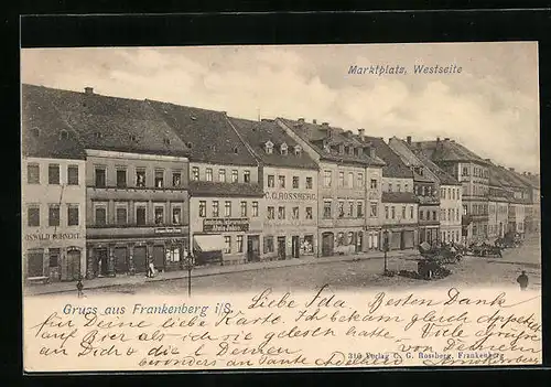 AK Frankenberg /Sa., Partie am Marktplatz mit Geschäften, Westseite