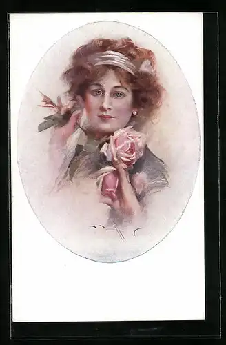 Künstler-AK M. Munk Nr.1340: Junge Frau mit Stirnband und Rosen