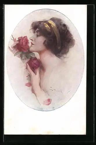 Künstler-AK M. Munk Nr. 1340: Junge Dame schnuppert an Rosen