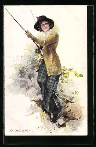 Künstler-AK M. Munk Nr. 1114: An der Angel, Junge Dame beim Angeln