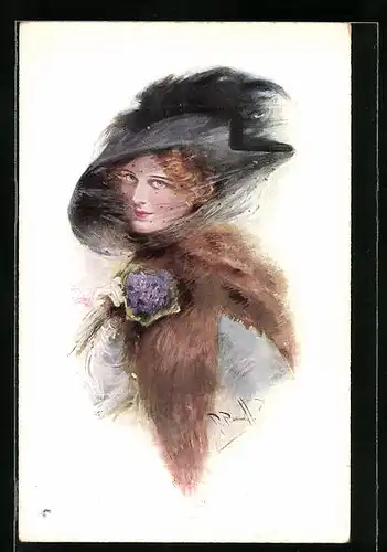Künstler-AK M. Munk Nr. 913: Junge Dame mit grossem Hut und Blumensträusschen