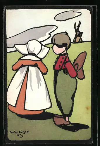 Künstler-AK M. Munk Nr. 173: Paar mit Klompen vor Windmühle