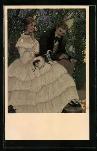 Künstler-AK M. Munk Nr. 291: Junges Paar mit Hundewelpen im Garten