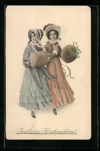 Künstler-AK M. Munk Nr. 597: Junge Damen mit Muff und Mistelzweigen, Weihnachtsgruss