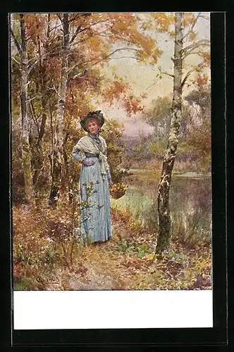 Künstler-AK M. Munk Nr. 181: Junge Dame mit Korb im Herbst