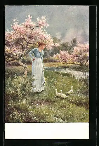Künstler-AK M. Munk Nr. 181: Junge Dame in Frühlingslandschaft mit blühenden Bäumen