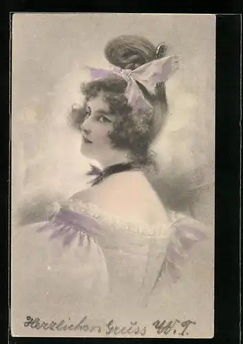 Künstler-AK M. Munk: Junge Dame mit Hochsteckfrisur und Schleife im Haar