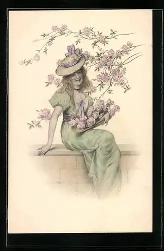 Künstler-AK M. Munk Nr. 670: Junge Dame unter einem Rosenbusch