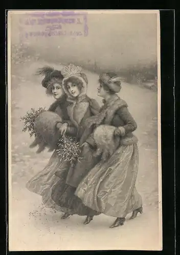 Künstler-AK M. Munk Nr. 794: Damen im Schnee mit Pelzschals