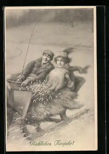 Künstler-AK M. Munk Nr. 794: Paar im Schlitten in Winterlandschaft