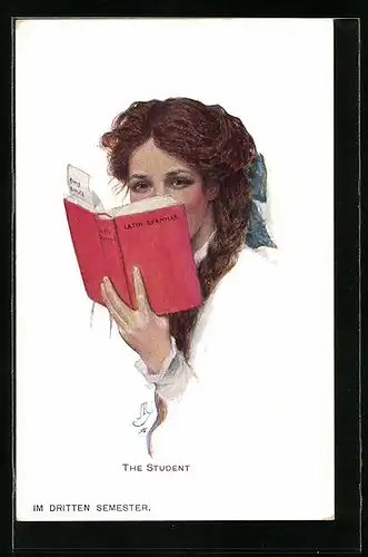 Künstler-AK M. Munk Nr. 859: Dame liest Buch Latin Grammar