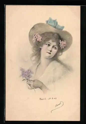 Künstler-AK M. Munk Nr. 100: Dame mit Hut und Flieder