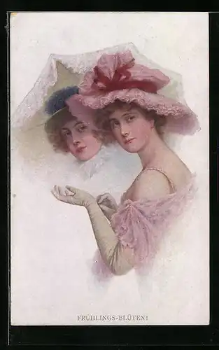 Künstler-AK M. Munk Nr. 868: Damen in eleganter Kleidung mit grossen Hüten und Handschuhen