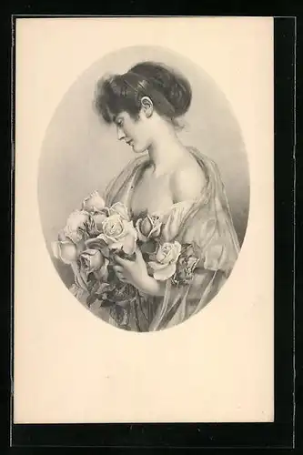 Künstler-AK M. Munk Nr. 646: Schöne Dame im schulterfreien Kleid mit Rosen in der Hand