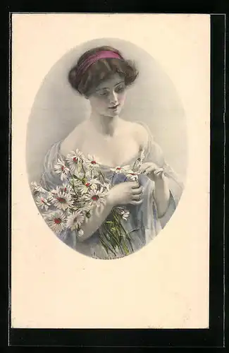 Künstler-AK M. Munk Nr. 646: Dame im Kleid mit Blumen