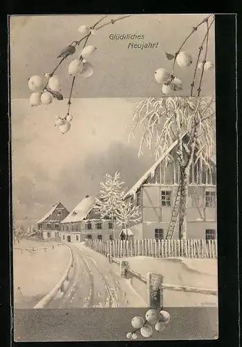 Künstler-AK M. Munk Nr. 395: Schneebedeckte Dorfstrasse Glückliches Neujahr!