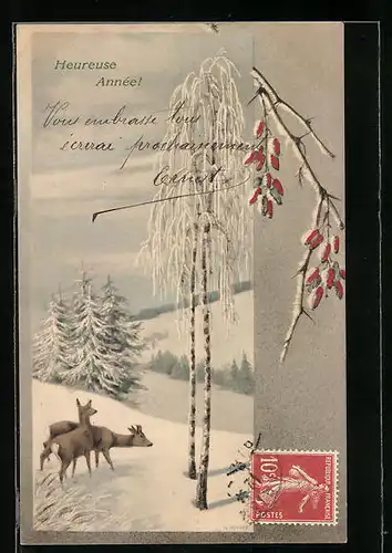 Künstler-AK M. Munk Nr. 395: Rehe in Schneelandschaft Heureuse Annee!