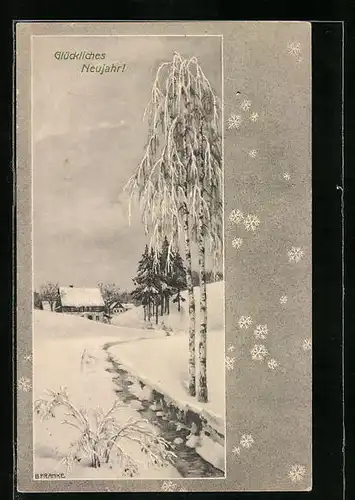 Künstler-AK M. Munk Nr. 537: Dorfpartie im Schnee mit Birken