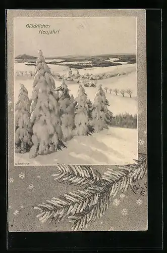Künstler-AK M. Munk Nr. 537: Schneebedeckte Tannenbäume mit Blick auf das Dorf