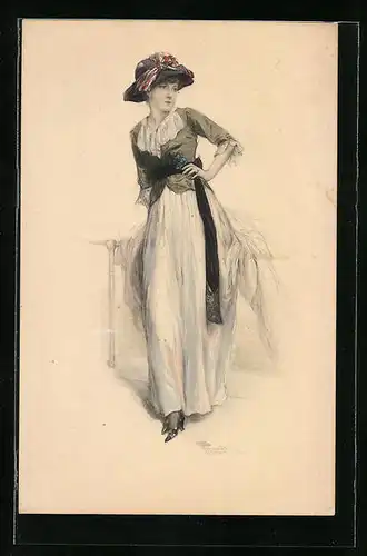 Künstler-AK M. Munk Nr. 1315: Junge hübsche Dame mit Hut in einer eleganten Pose