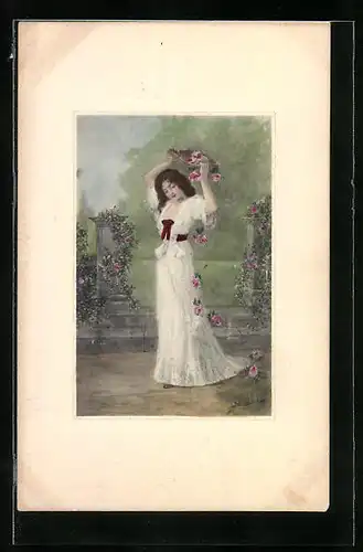 Künstler-AK M. Munk Nr. : Hübsche Dame im weissen Kleid mit Korb über dem Kopf