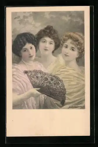 Künstler-AK M. Munk Nr. 177: Drei junge Damen im Kleid