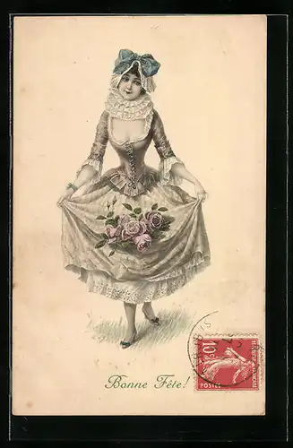 Künstler-AK M. Munk Nr. 505: Hübsche junge Frau im eleganten Kleid mit Rosen