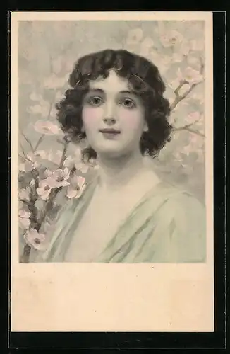 Künstler-AK M. Munk Nr. 271: Dame mit kurzen lockigen Haaren im grünen Kleid