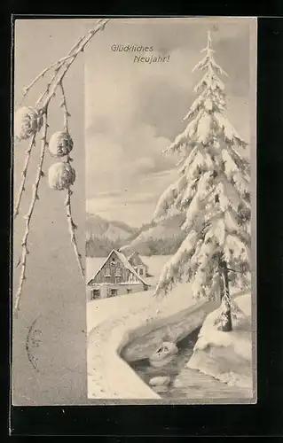Künstler-AK M. Munk Nr. 395: Dorfstrasse im Winter mit Tannenbaum