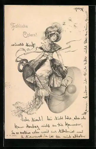 Künstler-AK M. Munk Nr. : Junge Dame im Kleid sitzt auf einer Glocke Fröhliche Ostern!