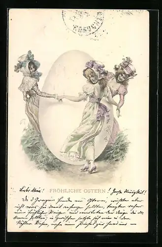 Künstler-AK M. Munk Nr. : Drei junge Damen tanzen Hand in Hand um ein Ei in menschlicher Grösse